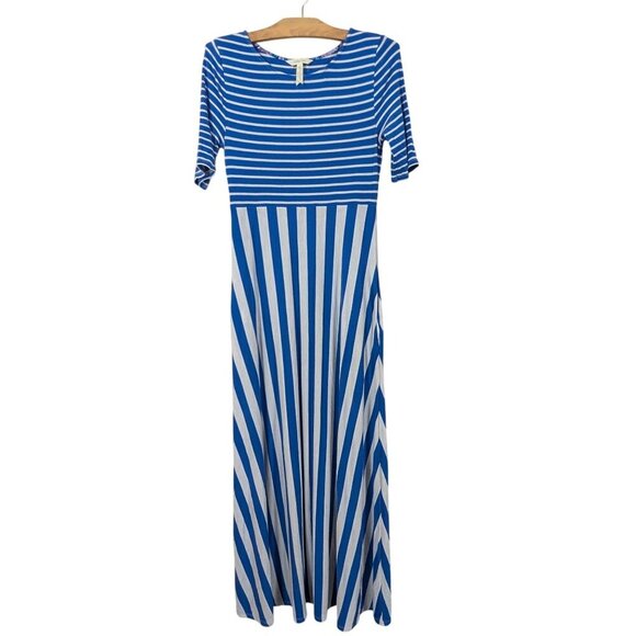 Matilda Jane Women's sz S The Road Ahead Blue White Striped Maxi Dress pockets - Picture 1 of 8